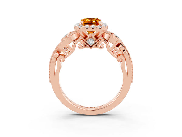 Rose gold Emerald Cut Citrine Halo Ring with Milgrain Pavé Band and Four-Prong Setting