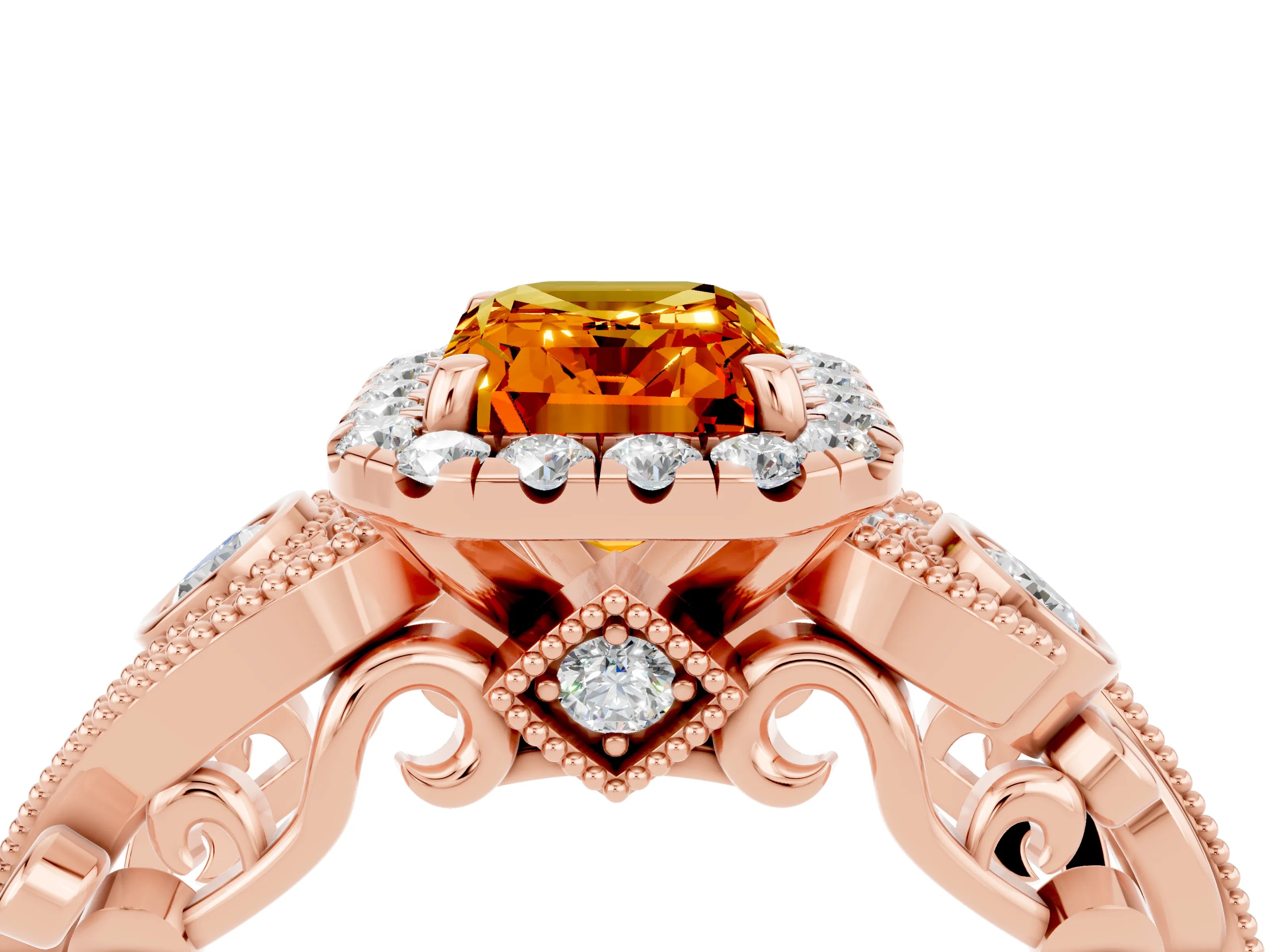 Rose gold Emerald Cut Citrine Halo Ring with Milgrain Pavé Band and Four-Prong Setting_16