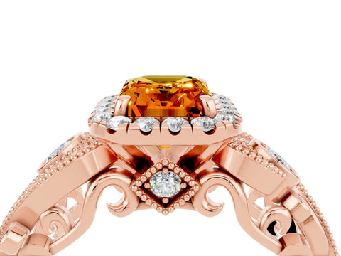 Rose gold Emerald Cut Citrine Halo Ring with Milgrain Pavé Band and Four-Prong Setting_16