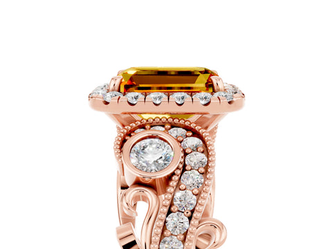 Rose gold Emerald Cut Citrine Halo Ring with Milgrain Pavé Band and Four-Prong Setting_17