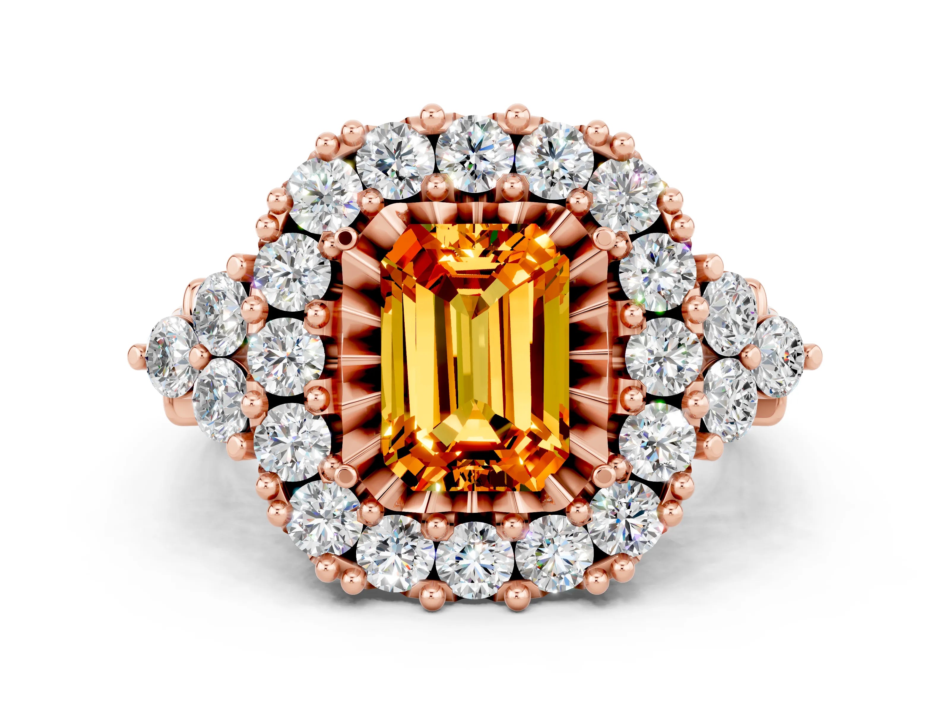 Rose gold Emerald Cut Citrine Halo Ring with Pavé Band and Four-Prong Setting_12