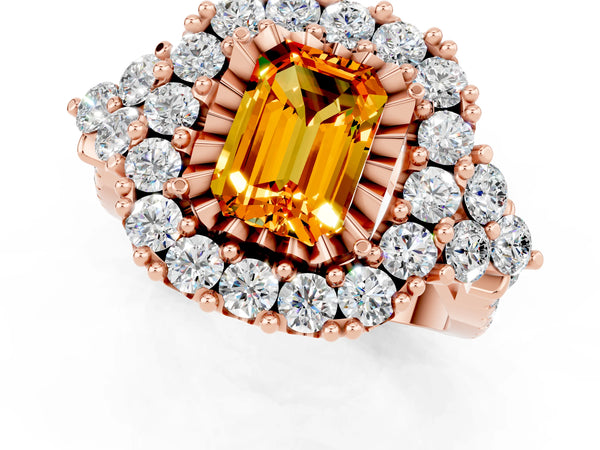 Rose gold Emerald Cut Citrine Halo Ring with Pavé Band and Four-Prong Setting