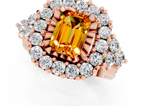 Rose gold Emerald Cut Citrine Halo Ring with Pavé Band and Four-Prong Setting_13