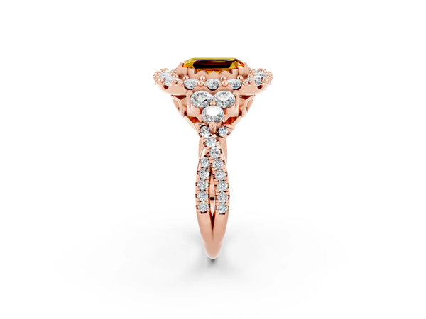 Rose gold Emerald Cut Citrine Halo Ring with Pavé Band and Four-Prong Setting