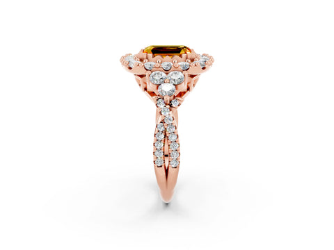 Rose gold Emerald Cut Citrine Halo Ring with Pavé Band and Four-Prong Setting_14