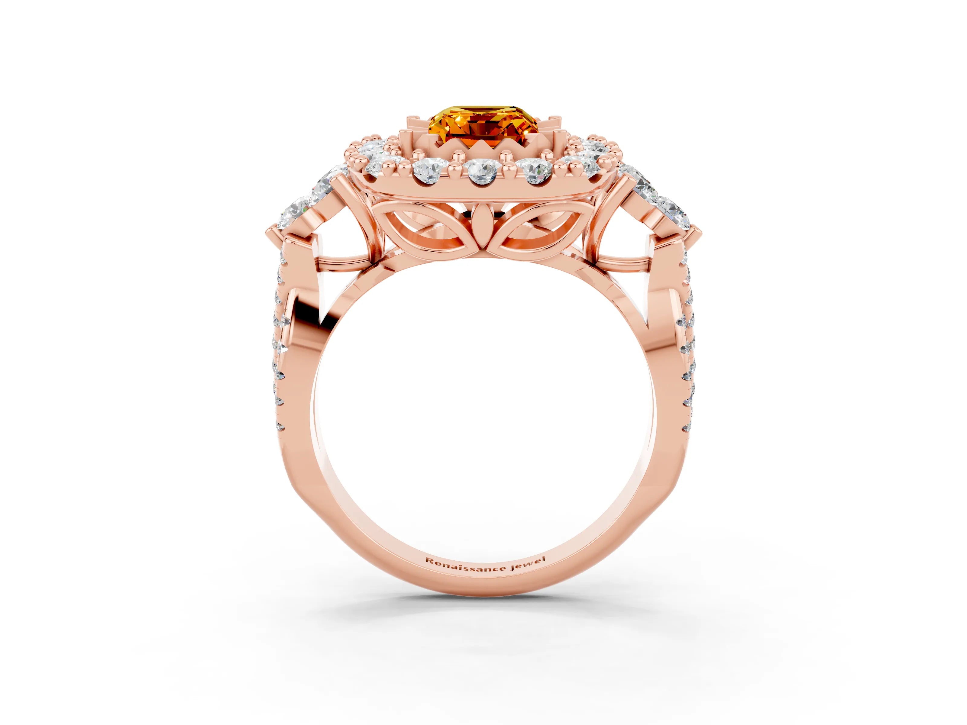 Rose gold Emerald Cut Citrine Halo Ring with Pavé Band and Four-Prong Setting_15