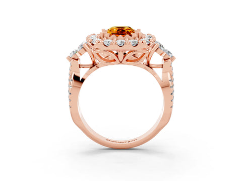 Rose gold Emerald Cut Citrine Halo Ring with Pavé Band and Four-Prong Setting_15