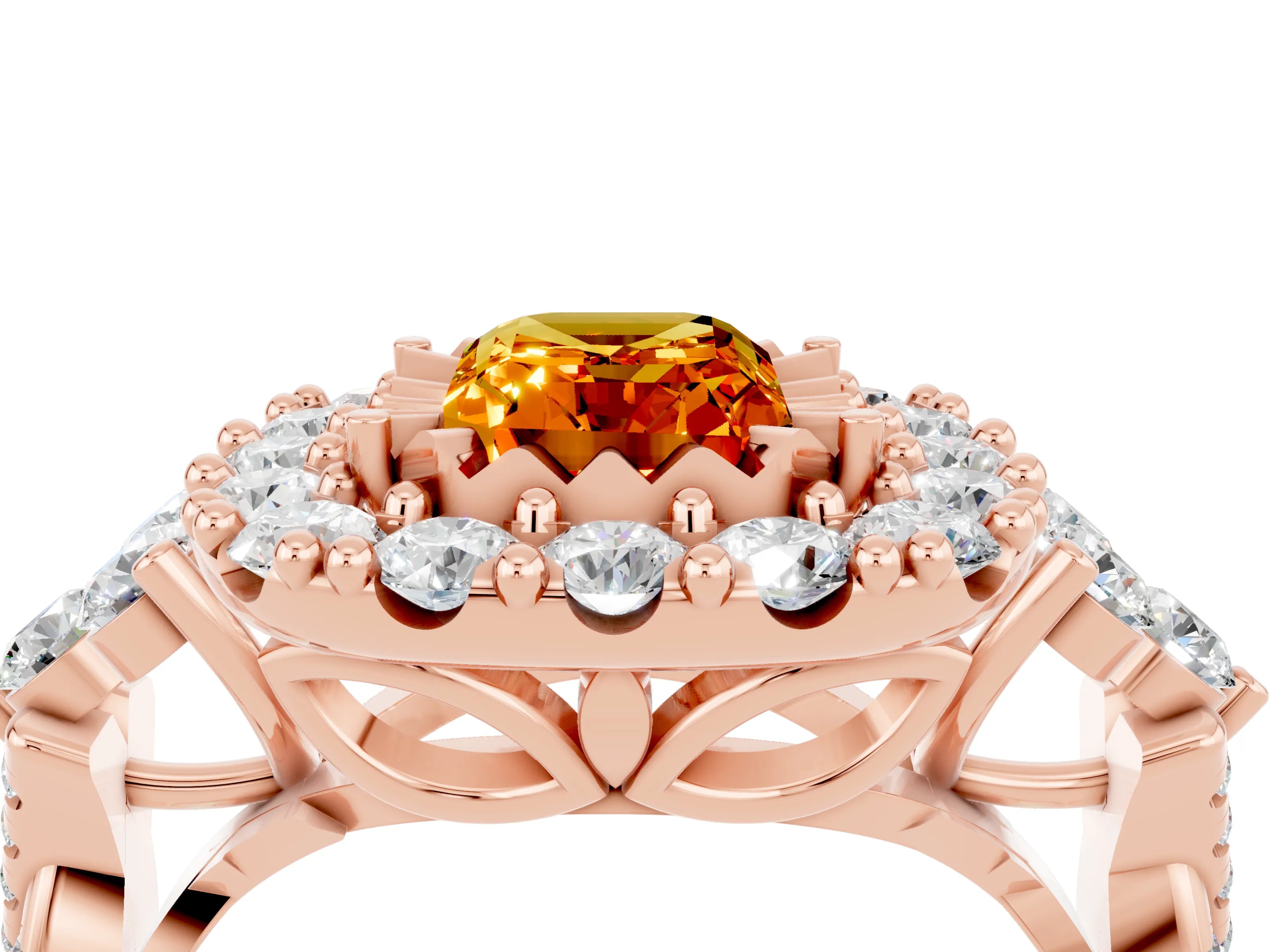 Rose gold Emerald Cut Citrine Halo Ring with Pavé Band and Four-Prong Setting_16