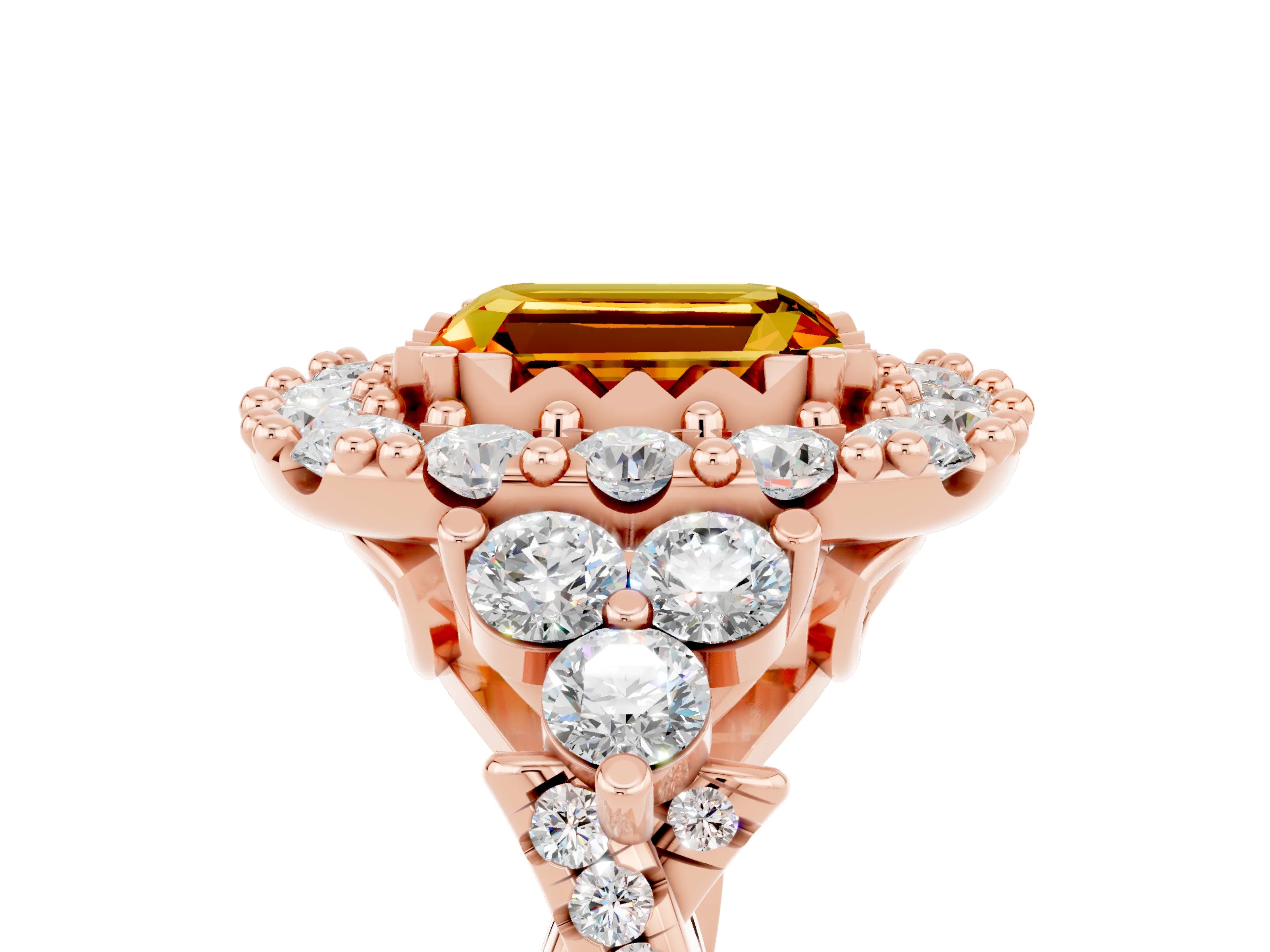 Rose gold Emerald Cut Citrine Halo Ring with Pavé Band and Four-Prong Setting_17