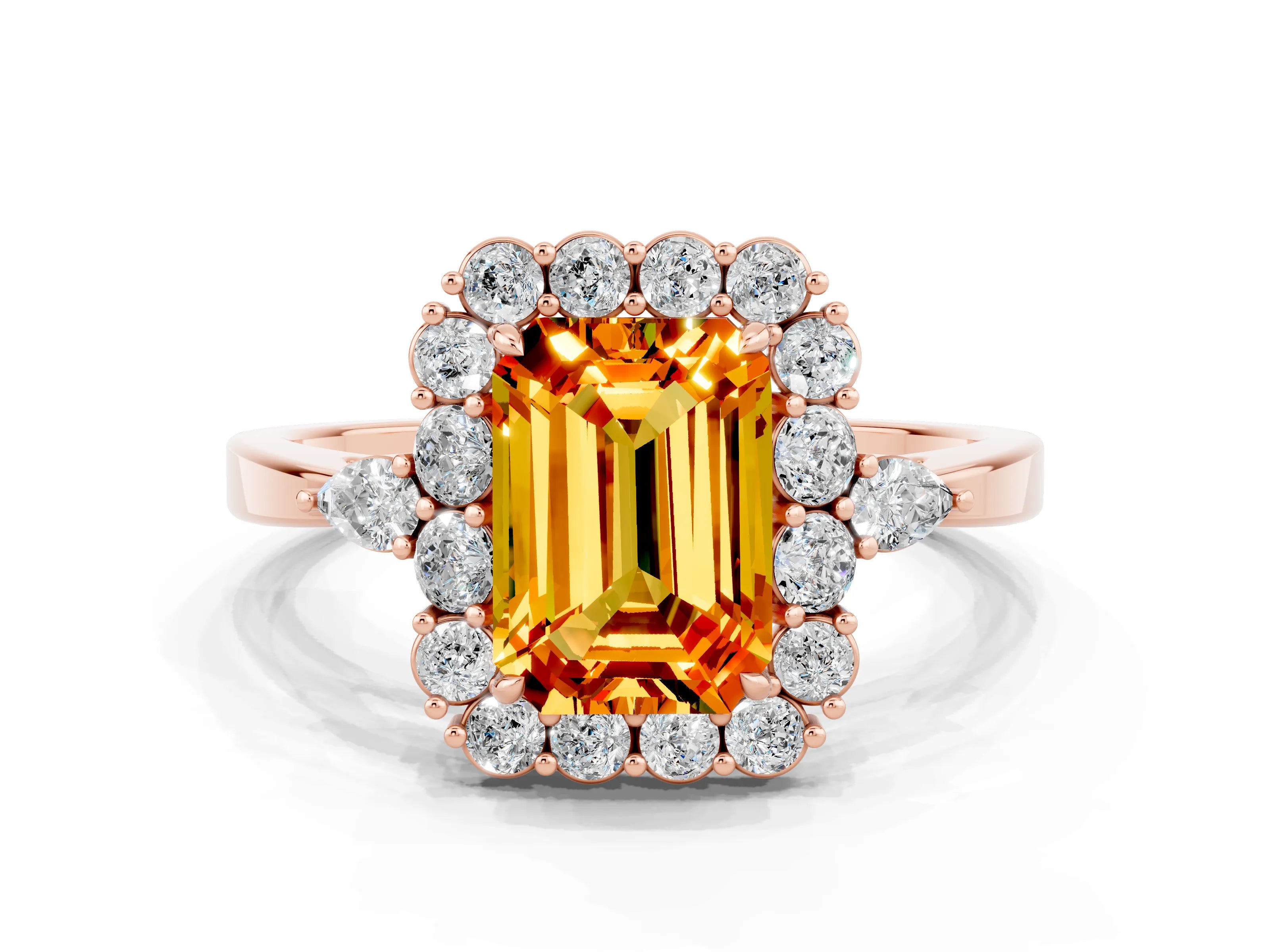 Rose gold Emerald Cut Citrine Halo Ring with Pear Side Stones and Prong Setting_12