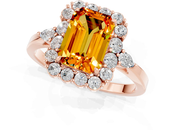 Rose gold Emerald Cut Citrine Halo Ring with Pear Side Stones and Prong Setting