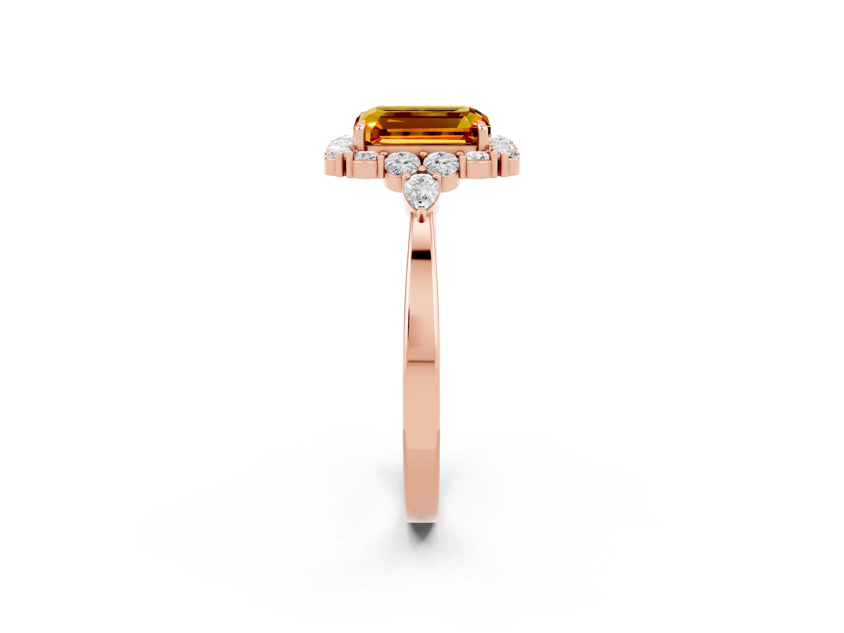 Rose gold Emerald Cut Citrine Halo Ring with Pear Side Stones and Prong Setting_14
