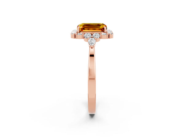 Rose gold Emerald Cut Citrine Halo Ring with Pear Side Stones and Prong Setting
