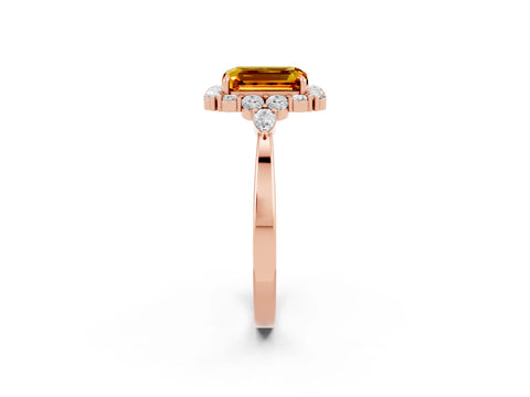 Rose gold Emerald Cut Citrine Halo Ring with Pear Side Stones and Prong Setting_14