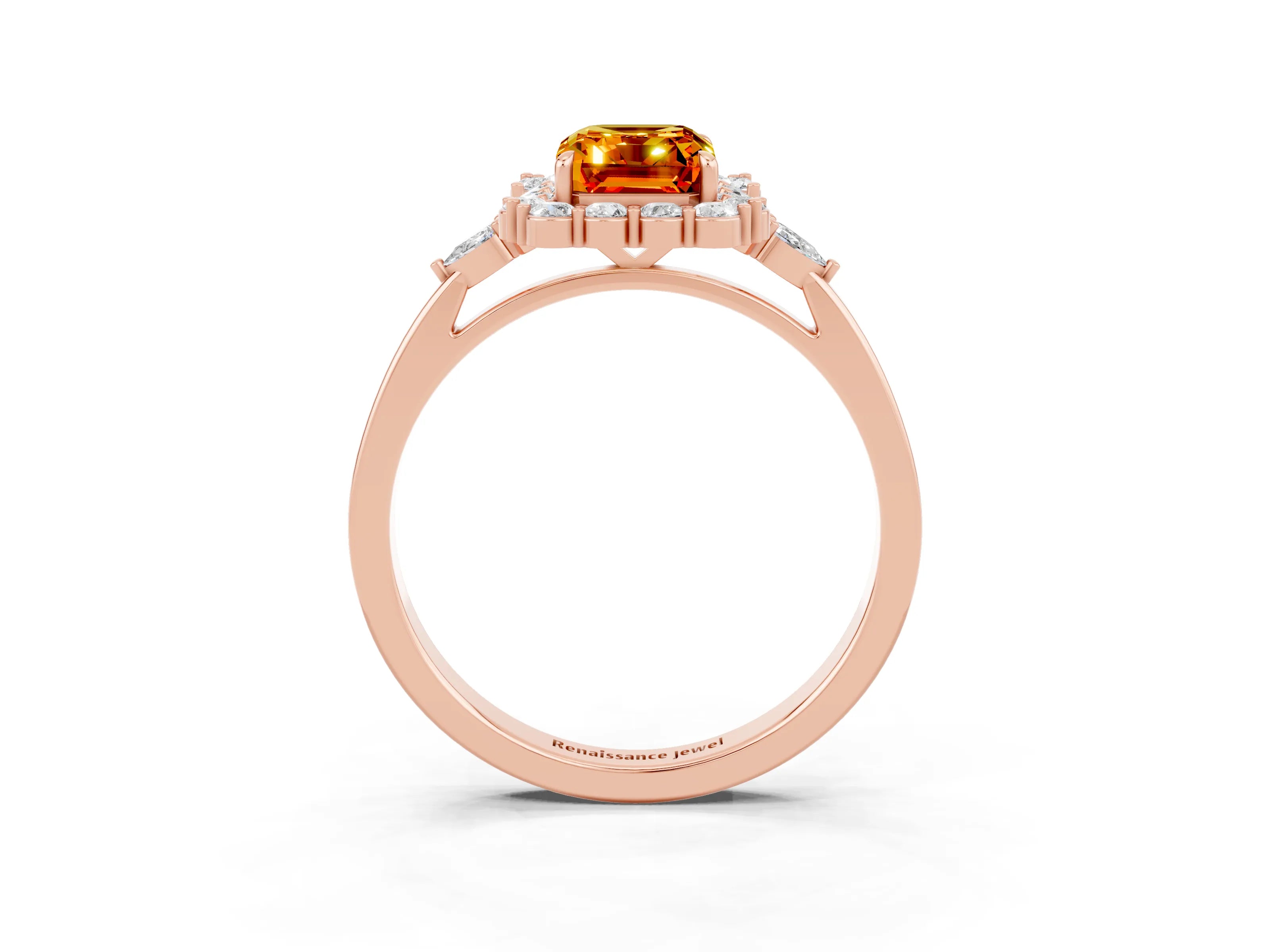 Rose gold Emerald Cut Citrine Halo Ring with Pear Side Stones and Prong Setting_15