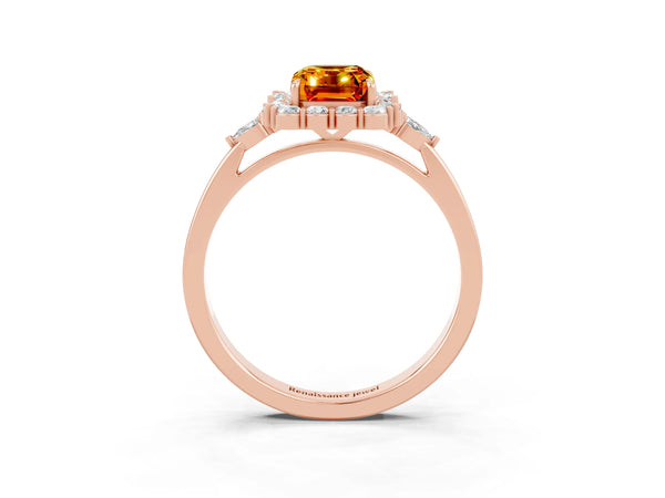 Rose gold Emerald Cut Citrine Halo Ring with Pear Side Stones and Prong Setting