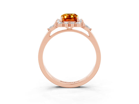 Rose gold Emerald Cut Citrine Halo Ring with Pear Side Stones and Prong Setting_15