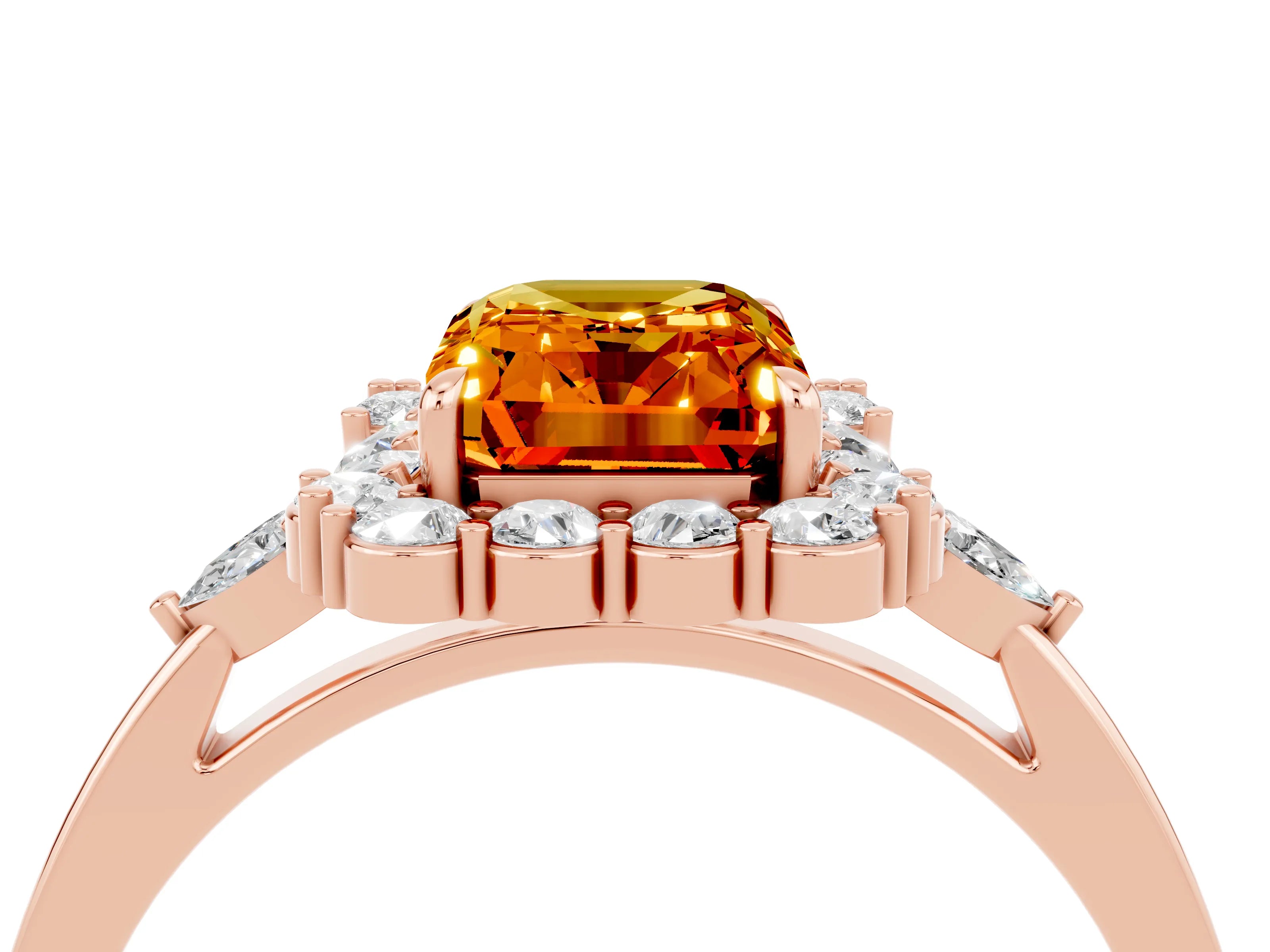 Rose gold Emerald Cut Citrine Halo Ring with Pear Side Stones and Prong Setting_16