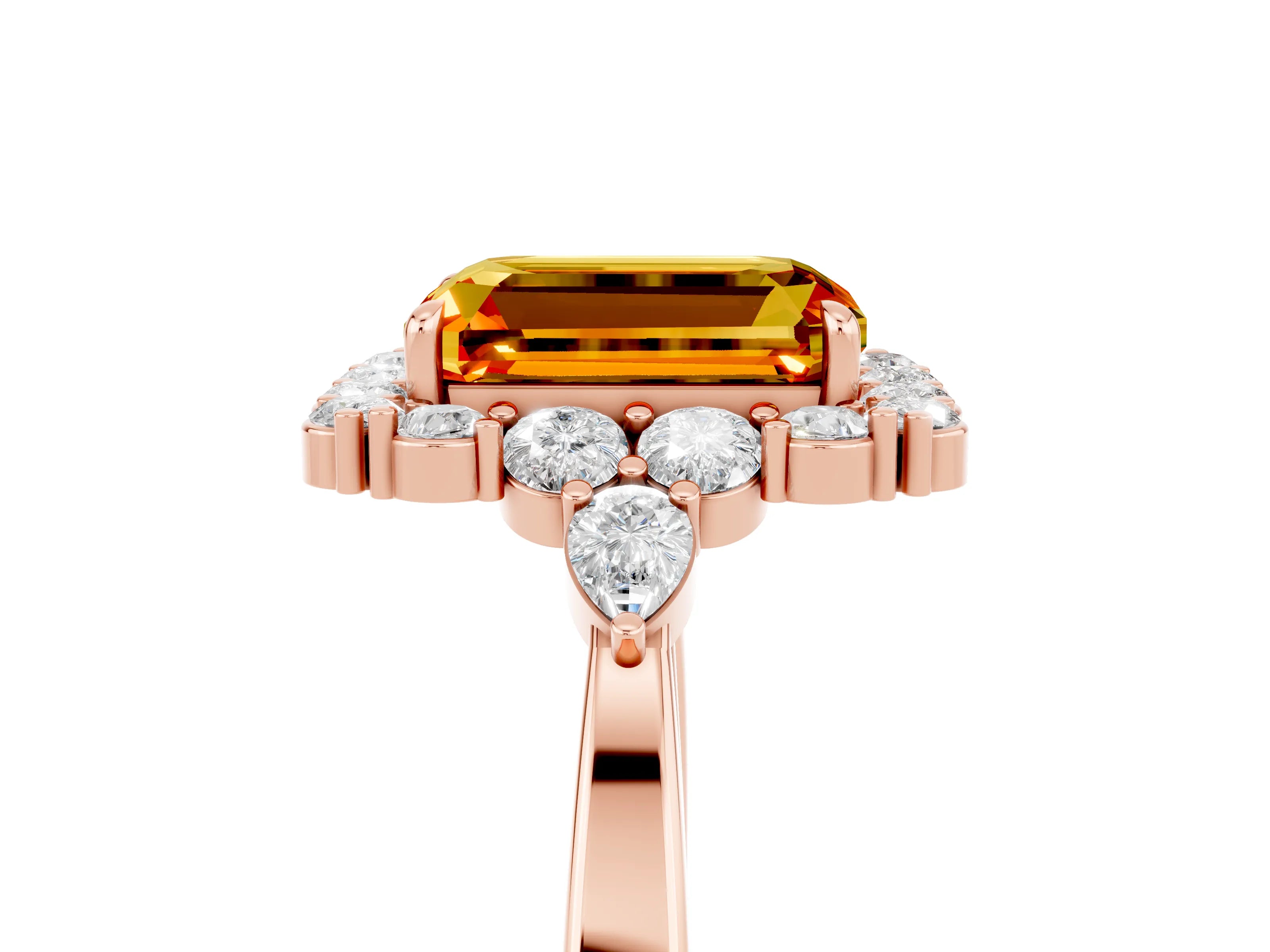 Rose gold Emerald Cut Citrine Halo Ring with Pear Side Stones and Prong Setting_17