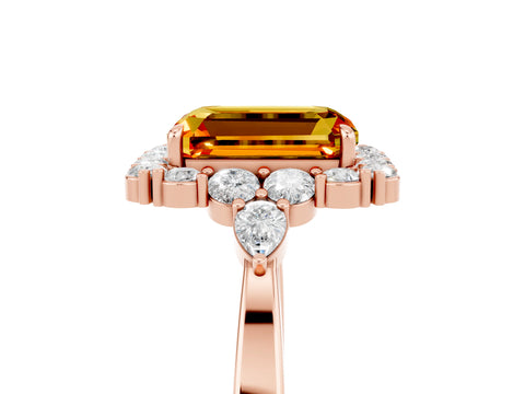 Rose gold Emerald Cut Citrine Halo Ring with Pear Side Stones and Prong Setting_17