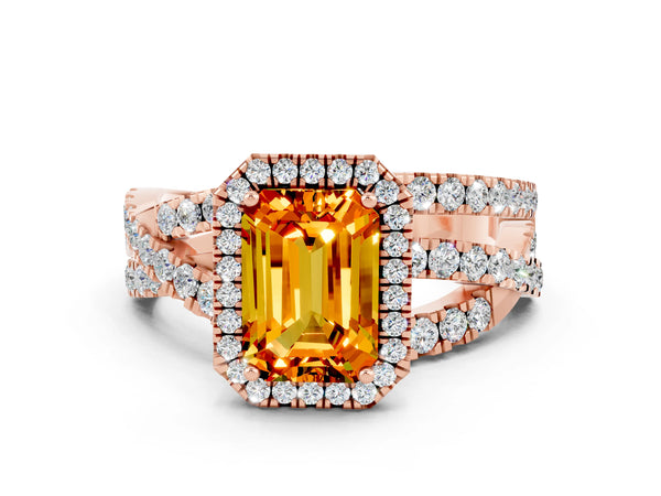 Rose gold Emerald Cut Citrine Halo Ring with Round Split Shank and Prong Setting