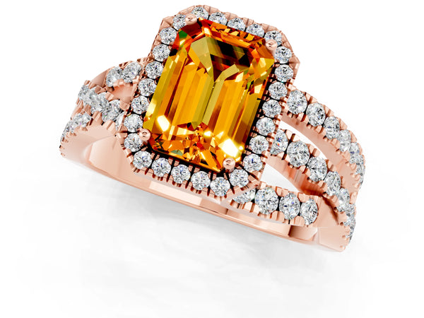 Rose gold Emerald Cut Citrine Halo Ring with Round Split Shank and Prong Setting