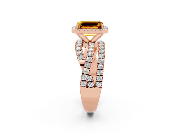 Rose gold Emerald Cut Citrine Halo Ring with Round Split Shank and Prong Setting