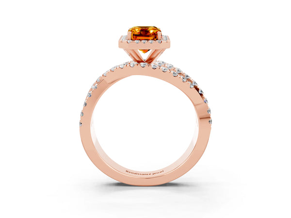 Rose gold Emerald Cut Citrine Halo Ring with Round Split Shank and Prong Setting
