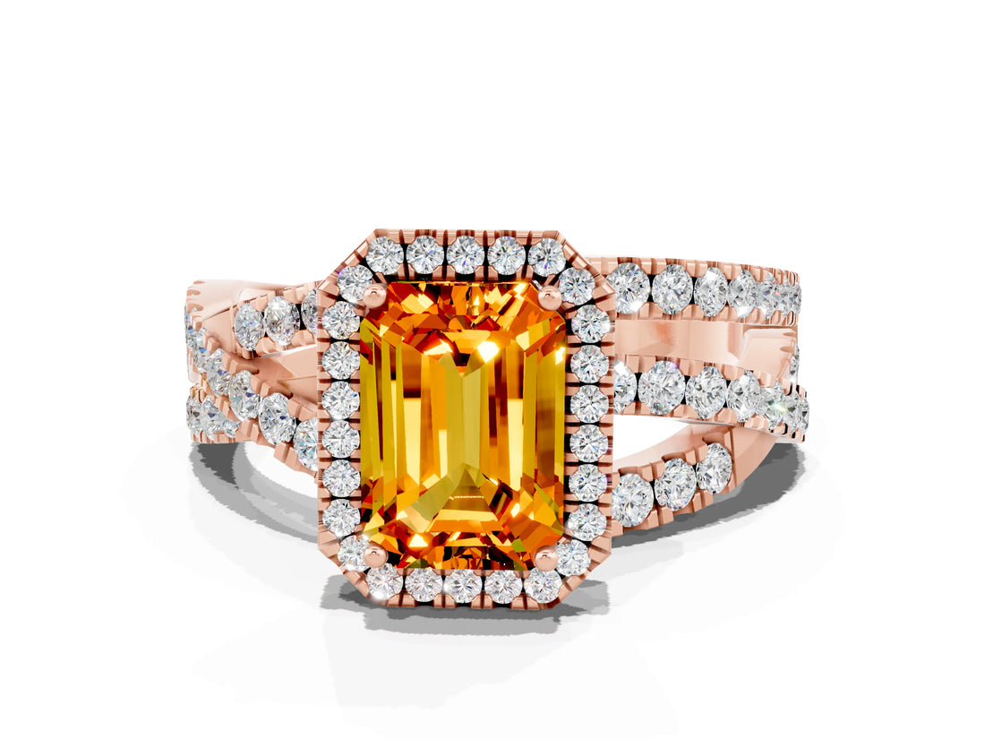 Rose gold Emerald Cut Citrine Halo Ring with Round Split Shank and Prong Setting_48