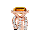 Rose gold Emerald Cut Citrine Halo Ring with Round Split Shank and Prong Setting_53