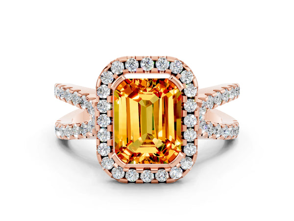 Rose gold Emerald Cut Citrine Halo Ring with Split Shank Pavé Band and Prong Setting