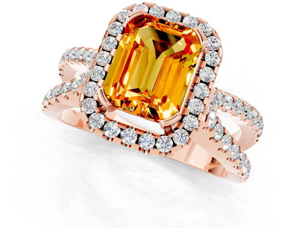 Rose gold Emerald Cut Citrine Halo Ring with Split Shank Pavé Band and Prong Setting