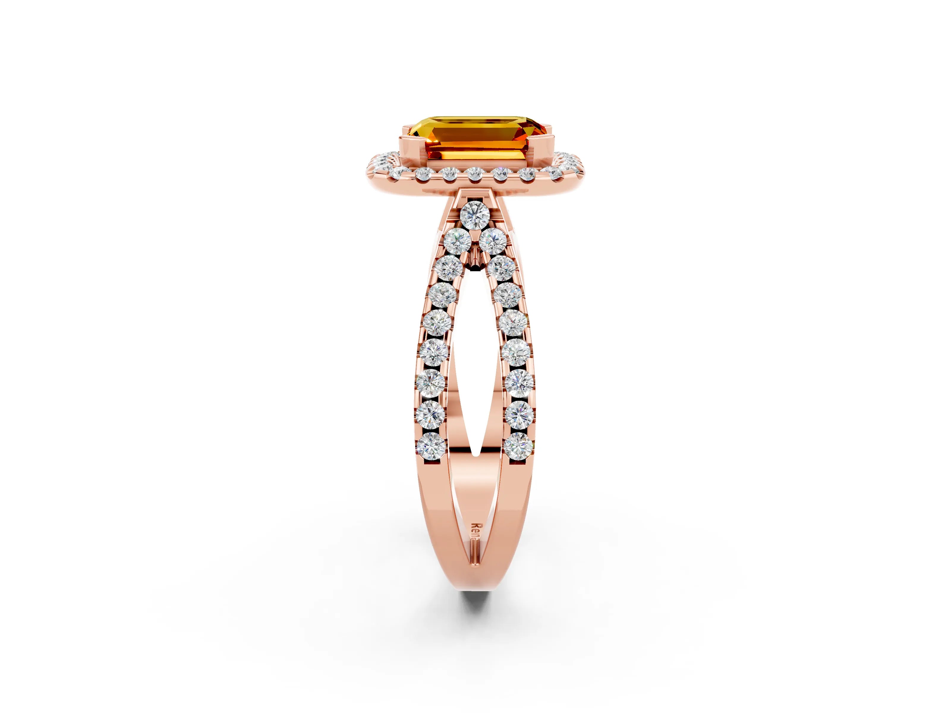 Rose gold Emerald Cut Citrine Halo Ring with Split Shank Pavé Band and Prong Setting_2