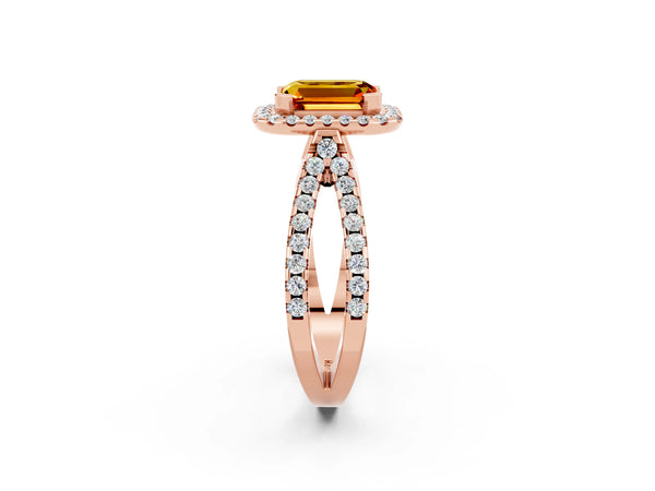Rose gold Emerald Cut Citrine Halo Ring with Split Shank Pavé Band and Prong Setting