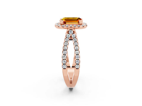 Rose gold Emerald Cut Citrine Halo Ring with Split Shank Pavé Band and Prong Setting_2