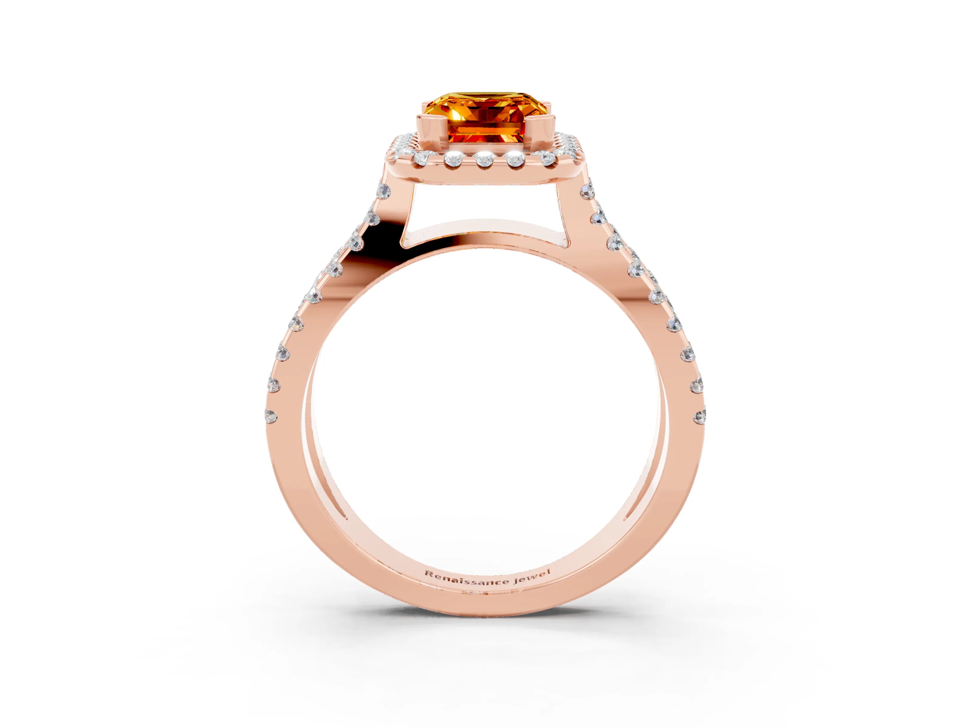 Rose gold Emerald Cut Citrine Halo Ring with Split Shank Pavé Band and Prong Setting_3