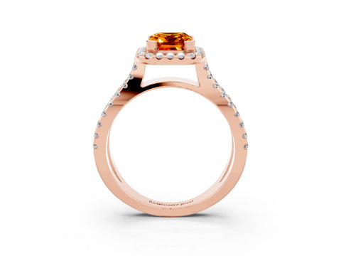 Rose gold Emerald Cut Citrine Halo Ring with Split Shank Pavé Band and Prong Setting_3
