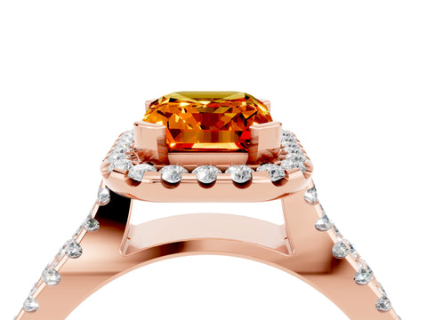 Rose gold Emerald Cut Citrine Halo Ring with Split Shank Pavé Band and Prong Setting_4