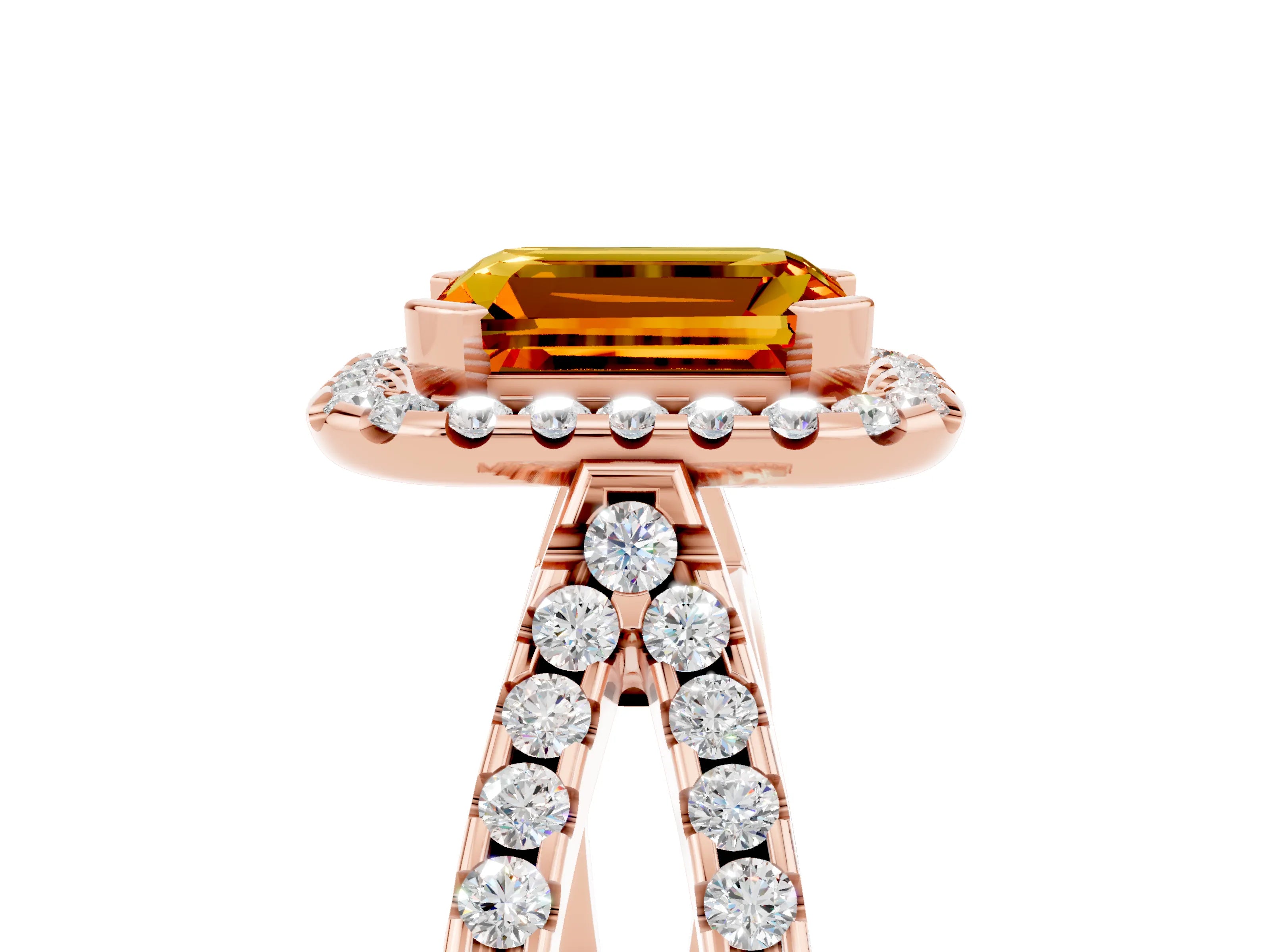 Rose gold Emerald Cut Citrine Halo Ring with Split Shank Pavé Band and Prong Setting_5