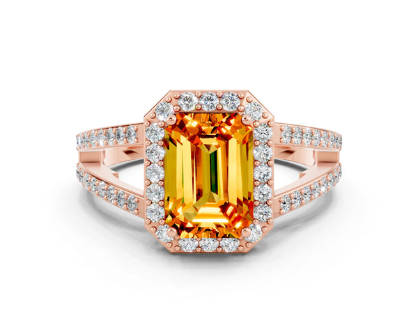 Rose gold Emerald Cut Citrine Halo Ring with Split Shank U-Prong Band and Four-Prong Setting