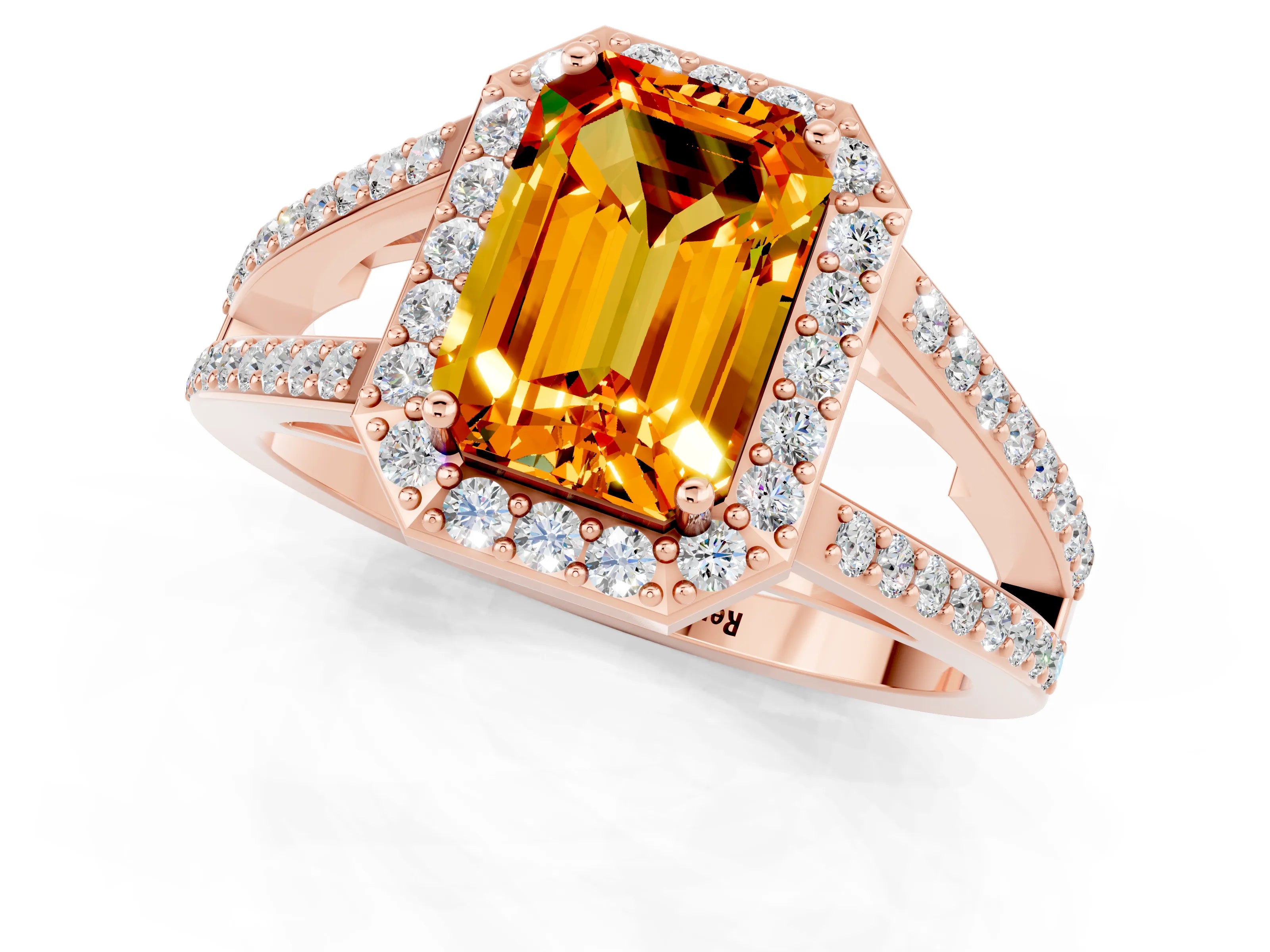 Rose gold Emerald Cut Citrine Halo Ring with Split Shank U-Prong Band and Four-Prong Setting_1