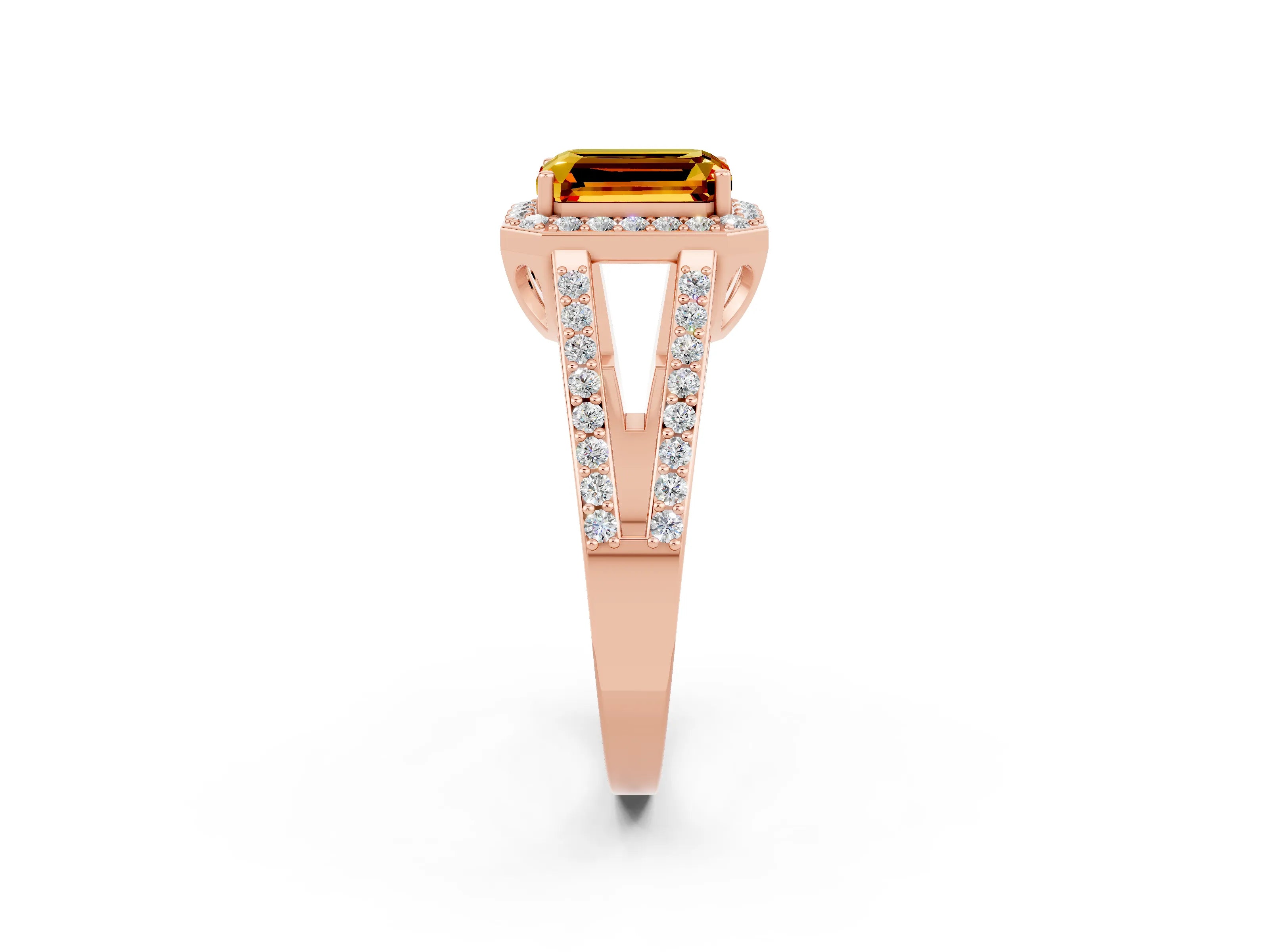 Rose gold Emerald Cut Citrine Halo Ring with Split Shank U-Prong Band and Four-Prong Setting_2