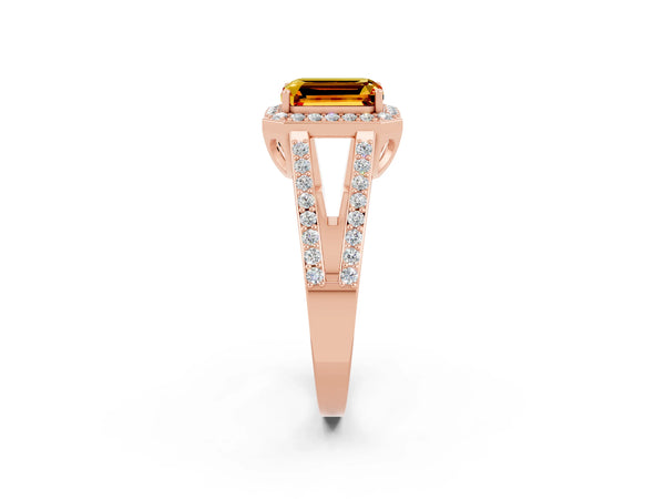 Rose gold Emerald Cut Citrine Halo Ring with Split Shank U-Prong Band and Four-Prong Setting