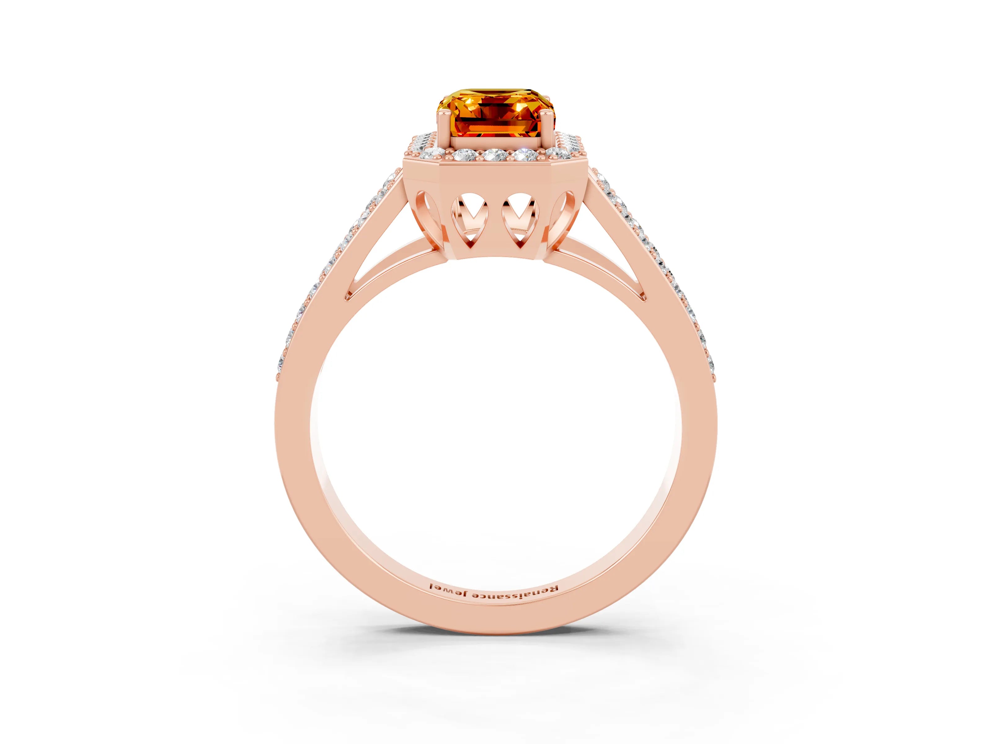 Rose gold Emerald Cut Citrine Halo Ring with Split Shank U-Prong Band and Four-Prong Setting_3