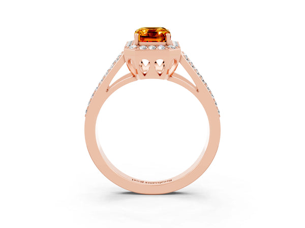 Rose gold Emerald Cut Citrine Halo Ring with Split Shank U-Prong Band and Four-Prong Setting