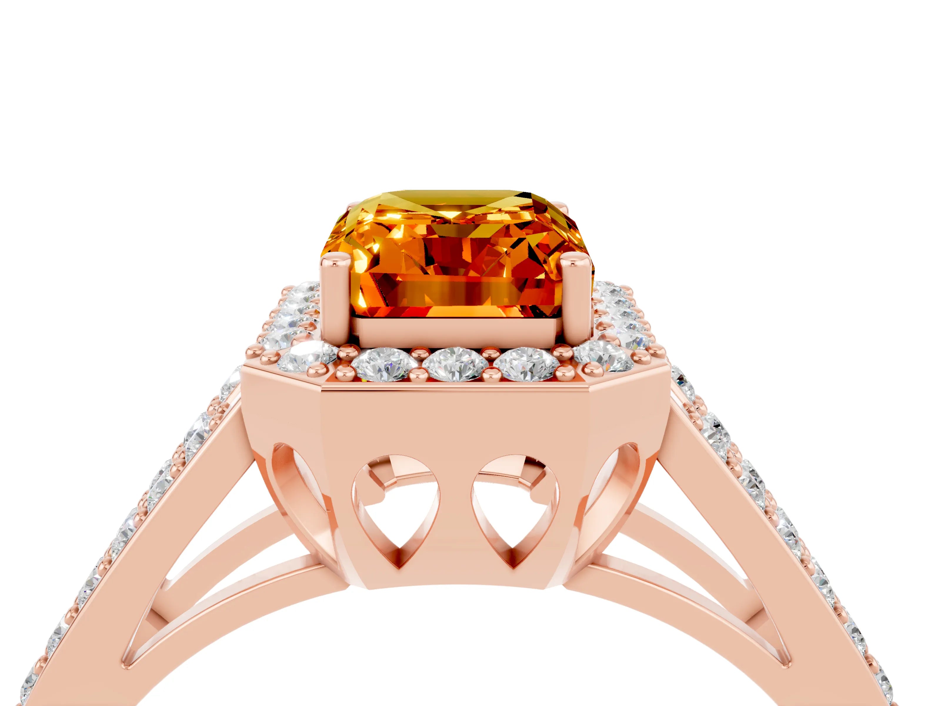 Rose gold Emerald Cut Citrine Halo Ring with Split Shank U-Prong Band and Four-Prong Setting_4