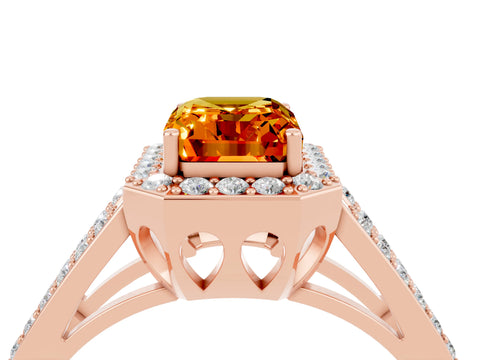 Rose gold Emerald Cut Citrine Halo Ring with Split Shank U-Prong Band and Four-Prong Setting_4