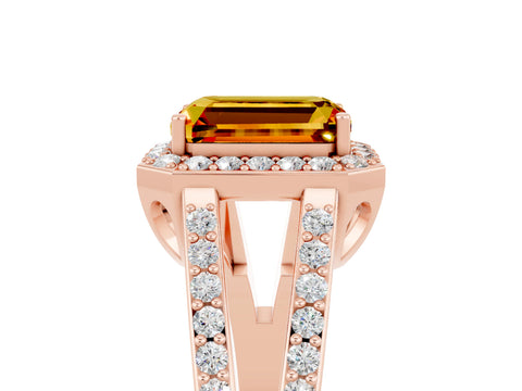 Rose gold Emerald Cut Citrine Halo Ring with Split Shank U-Prong Band and Four-Prong Setting_5