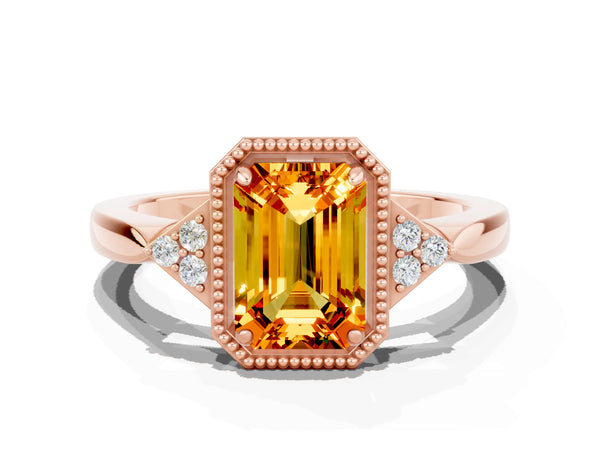 Rose gold Emerald Cut Citrine Halo Ring with Tapered Band and Four-Prong Setting