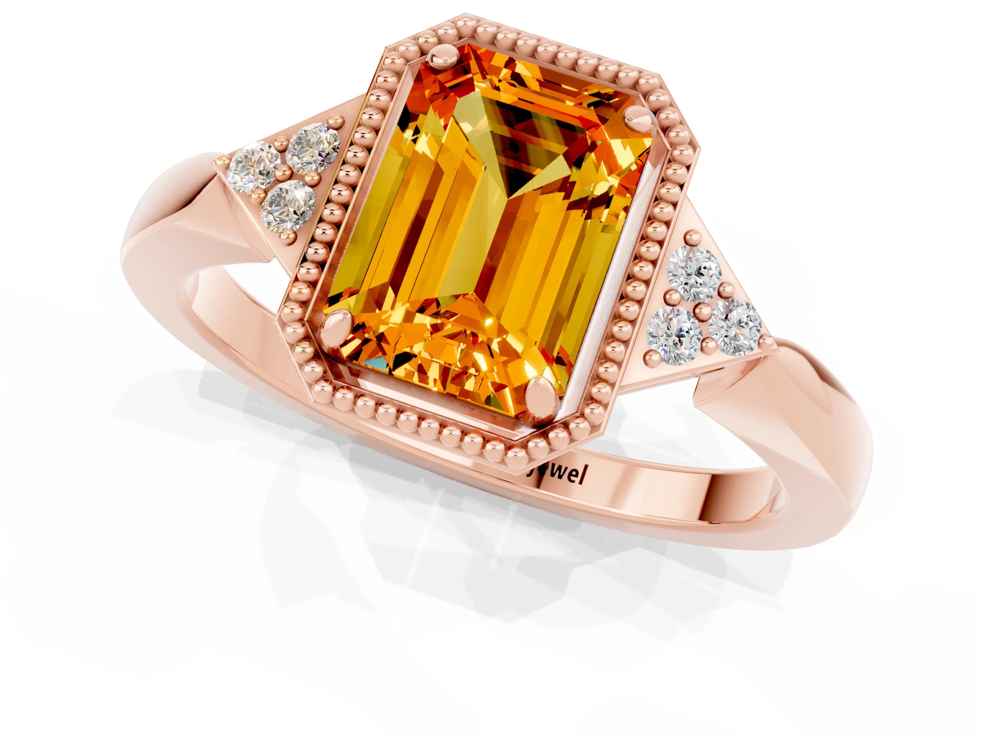 Rose gold Emerald Cut Citrine Halo Ring with Tapered Band and Four-Prong Setting_1